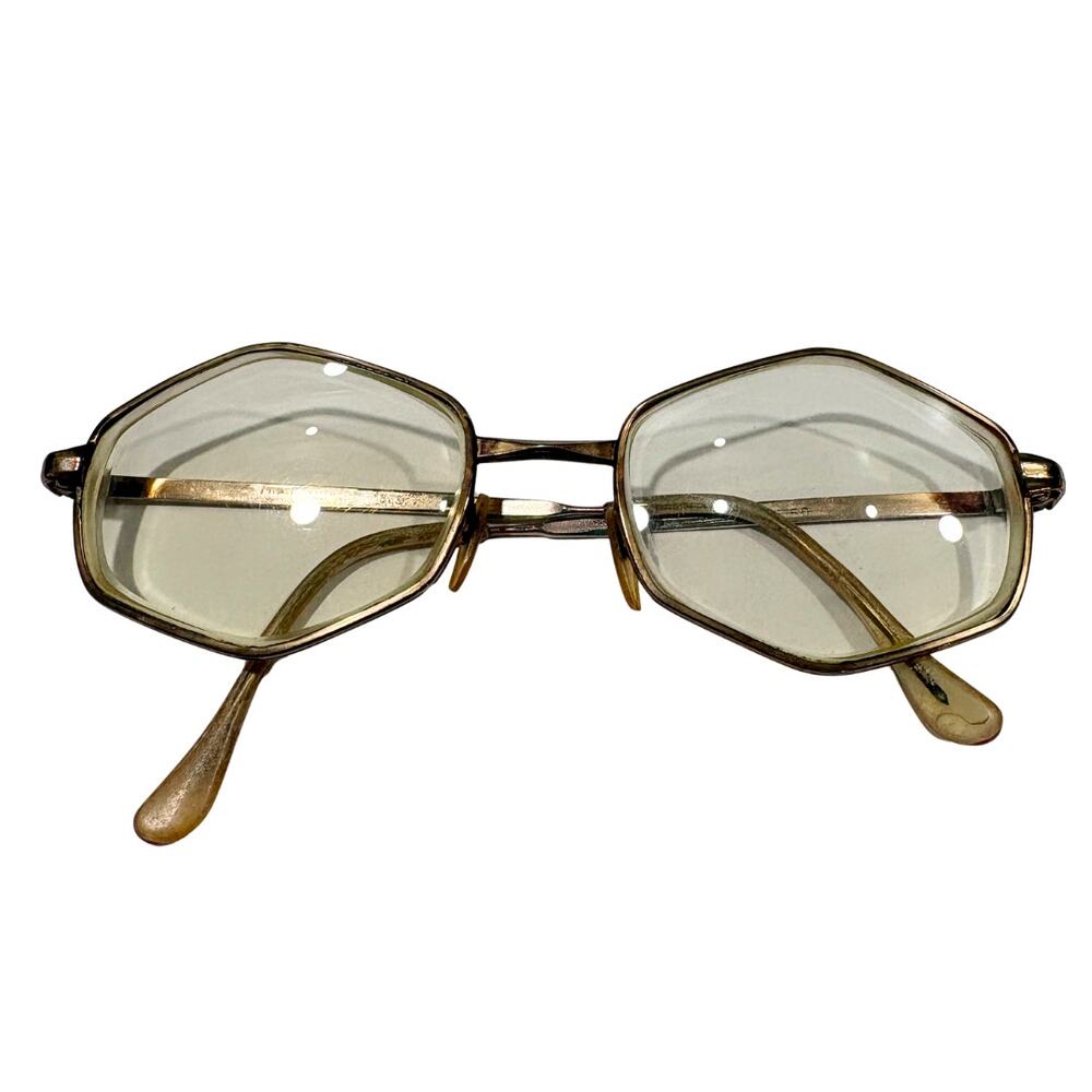 Vintage Womens Glasses Hexagon Gold Filled Metal‎ USA 70s Pince Nez Eyeglasses